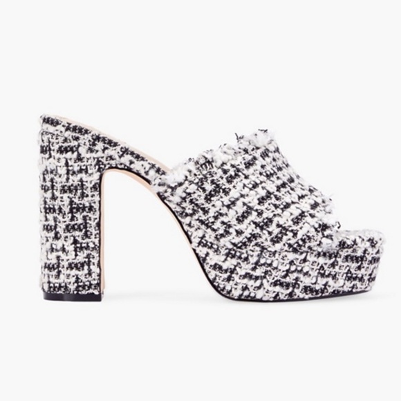 JustFab, Black & White Tweed Platform Heels Mules Sandals (7) - Picture 2 of 7